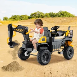 24V Elektrischer Kinder-Tretbagger mit 4WD & Fernsteuerung Baufahrzeug ab 3 Jahren Gelb