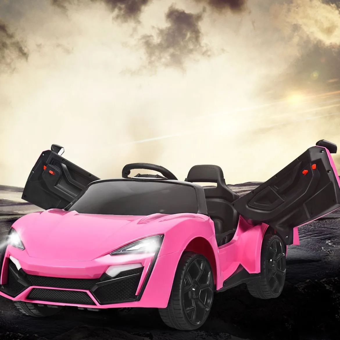 12V Elektro Kinderauto mit Stoßdämpferfeder Fernsteuerung & Musik & Sanftanlauf & Hupe & LED-Leuchten Rosa