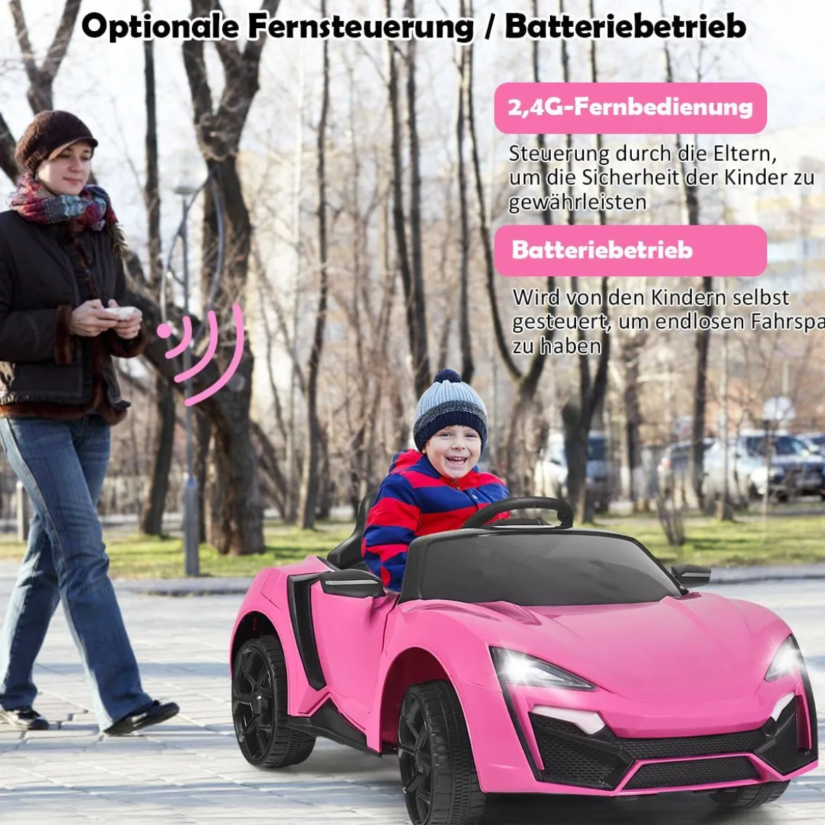 12V Elektro Kinderauto mit Stoßdämpferfeder Fernsteuerung & Musik & Sanftanlauf & Hupe & LED-Leuchten Rosa