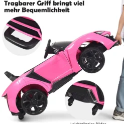 12V Elektro Kinderauto mit Stoßdämpferfeder Fernsteuerung & Musik & Sanftanlauf & Hupe & LED-Leuchten Rosa