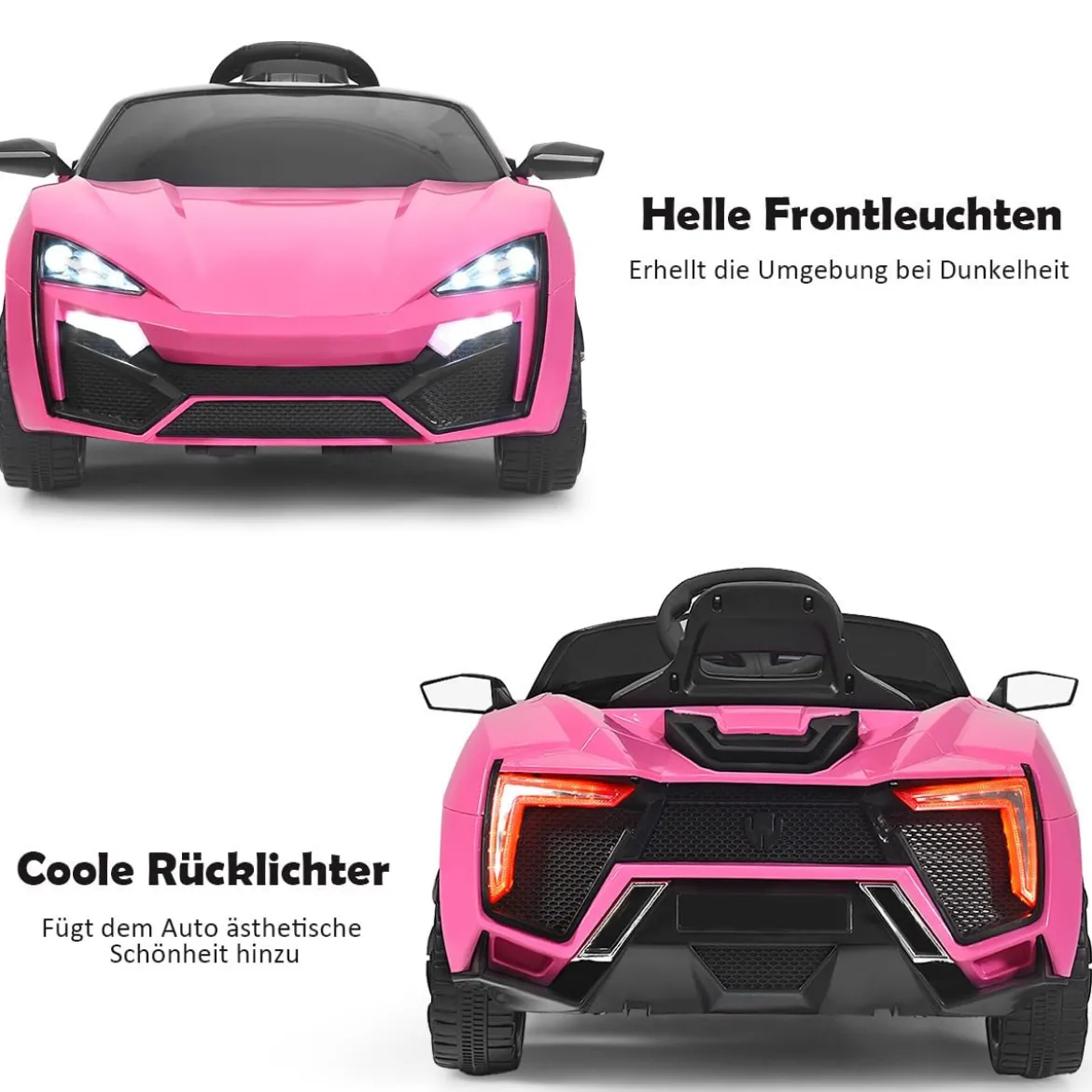 12V Elektro Kinderauto mit Stoßdämpferfeder Fernsteuerung & Musik & Sanftanlauf & Hupe & LED-Leuchten Rosa