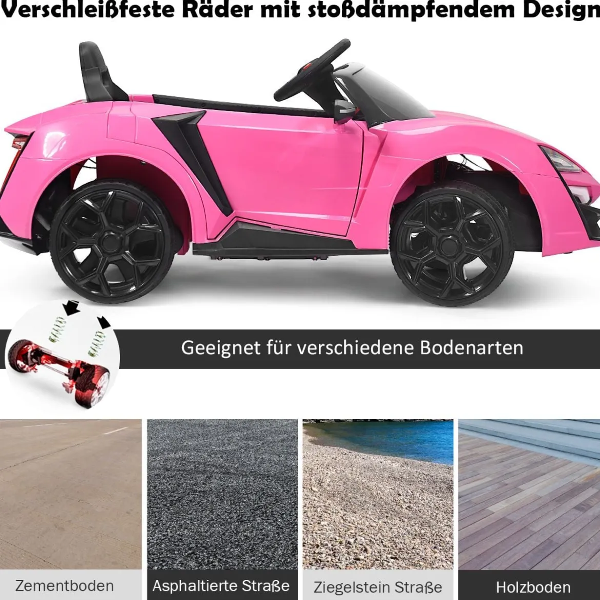 12V Elektro Kinderauto mit Stoßdämpferfeder Fernsteuerung & Musik & Sanftanlauf & Hupe & LED-Leuchten Rosa