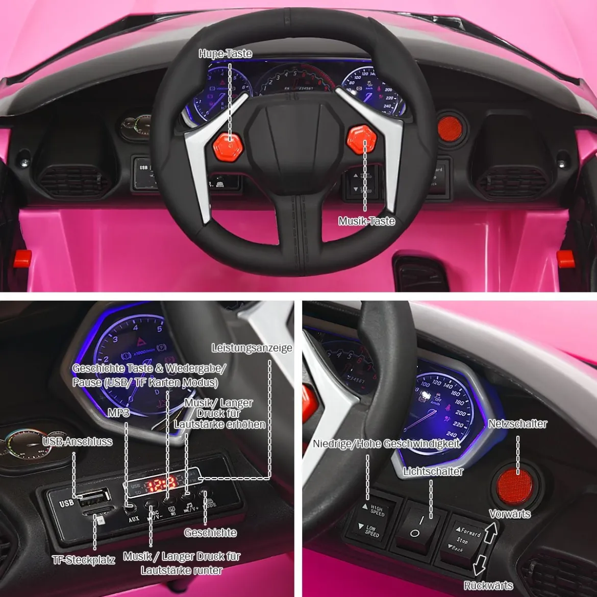 12V Elektro Kinderauto mit Stoßdämpferfeder Fernsteuerung & Musik & Sanftanlauf & Hupe & LED-Leuchten Rosa