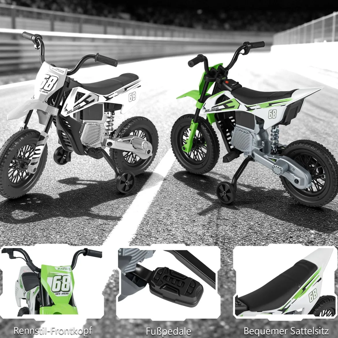 12V Elektro Kindermotorrad Elektromotorrad für Kinder mit abnehmbaren Stützrädern & Federung Elektro Motorrad Grün