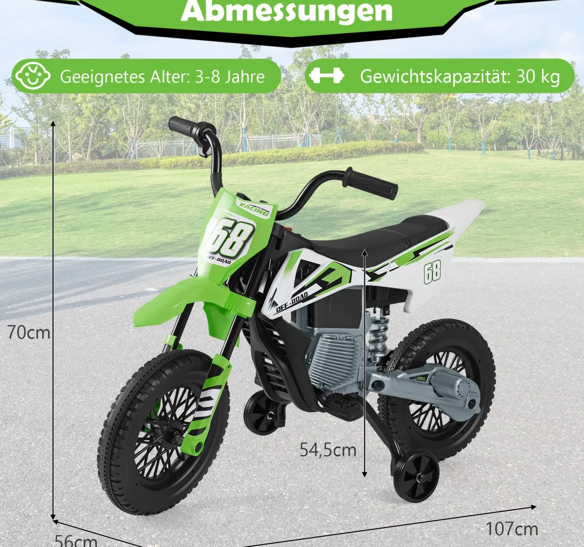 12V Elektro Kindermotorrad Elektromotorrad für Kinder mit abnehmbaren Stützrädern & Federung Elektro Motorrad Grün