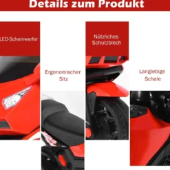6V Elektro Kindermotorrad mit 2 Stützrädern & Scheinwerfer & USB & Hupe & Musik Rot