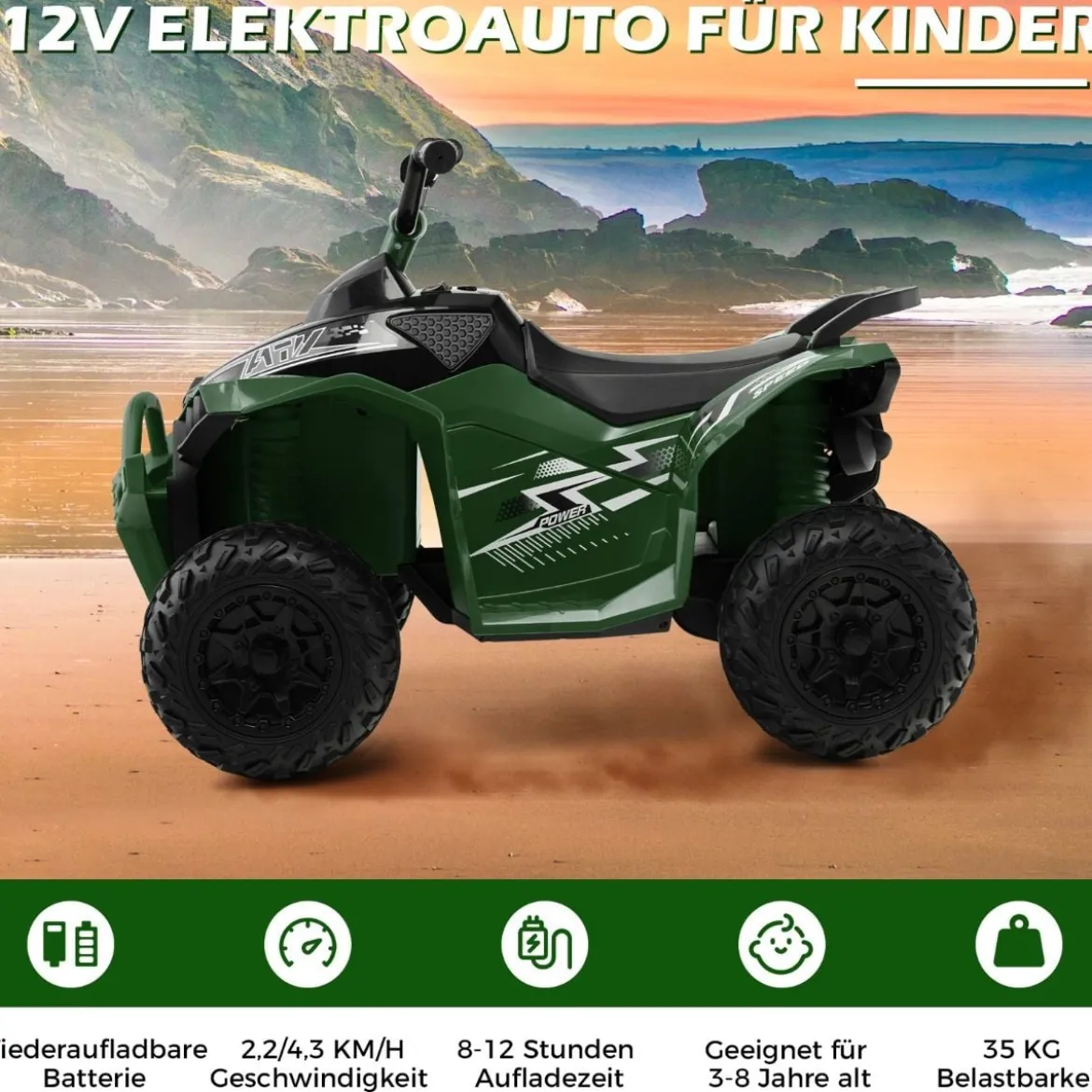 12V Elektro Kinderquad mit 3-5 KM/H Geschwindigkeit 4 Rutschfesten Rollen Hupe & LED-Leuchten Elektroquad