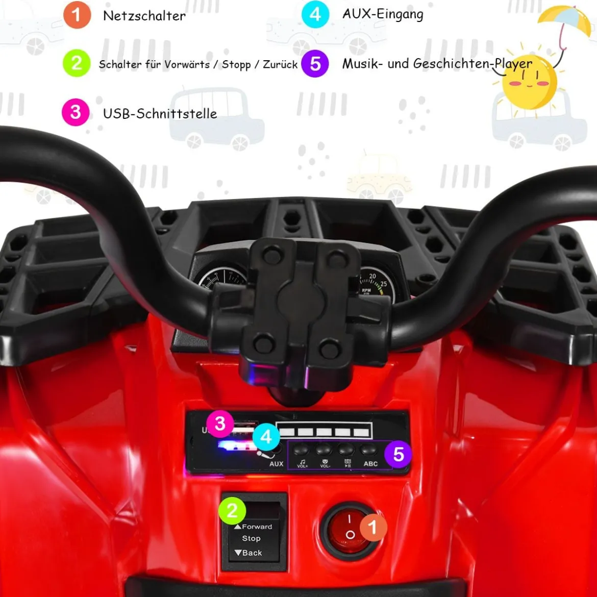 6V Elektro Kinderquad mit Musik, MP3, USB und AUX für Jungs und Mädchen 41 x 68,5 x 49,5 cm Rot