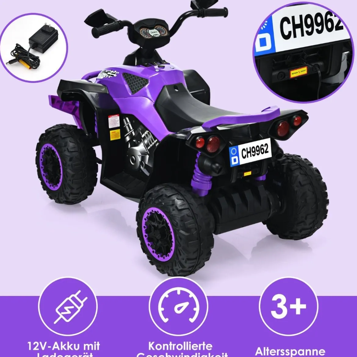12V Elektro Kinderquad mit Musik Hupe und LED Scheinwerfer Elektroquad Lila