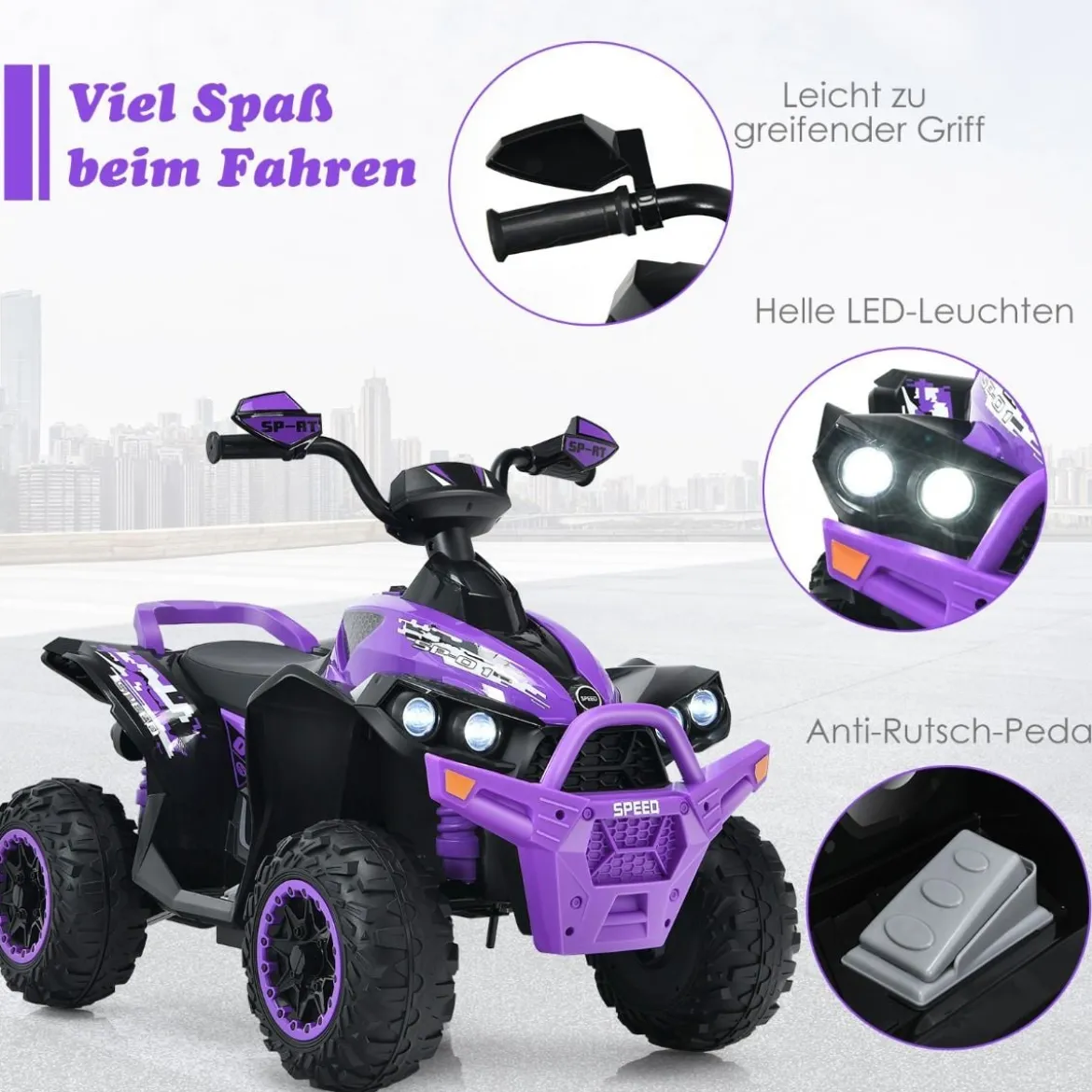 12V Elektro Kinderquad mit Musik Hupe und LED Scheinwerfer Elektroquad Lila
