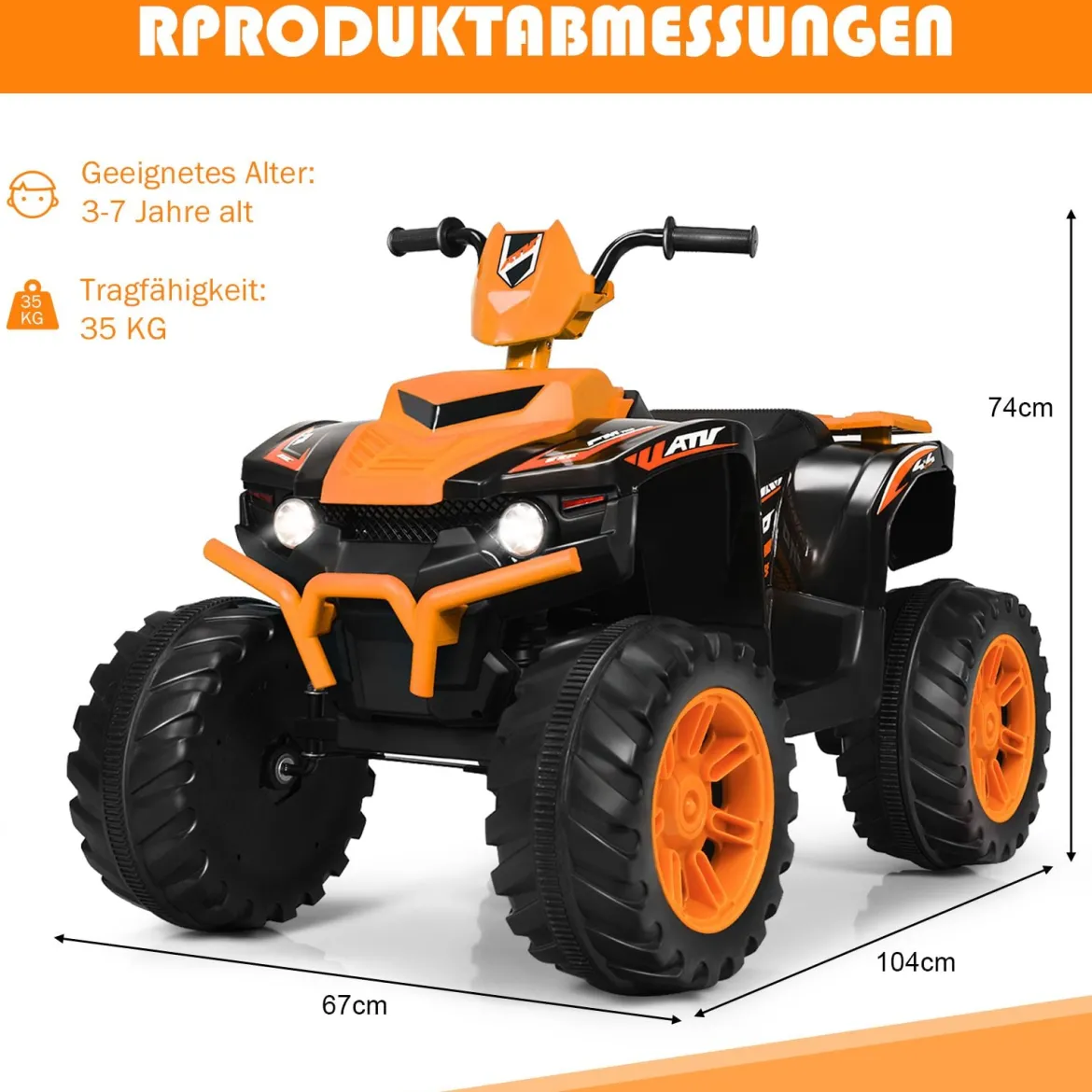 12V Elektro Kinderquad mit Scheinwerfer Mini Elektroquad mit Musik & Hupe Kinderauto Orange