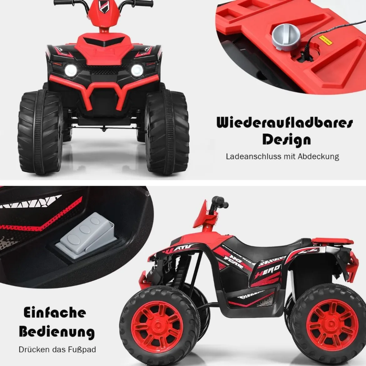12V Elektro Kinderquad mit Scheinwerfer Mini Elektroquad mit Musik & Hupe 4 Räder Kinder Quad 2,8-5 km/h für Kinder ab 3 Jahren Rot