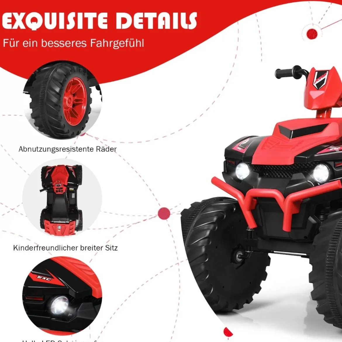 12V Elektro Kinderquad mit Scheinwerfer Mini Elektroquad mit Musik & Hupe 4 Räder Kinder Quad 2,8-5 km/h für Kinder ab 3 Jahren Rot