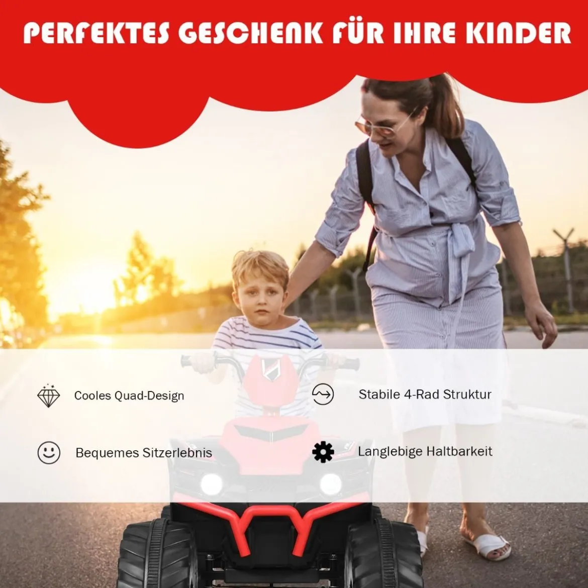 12V Elektro Kinderquad mit Scheinwerfer Mini Elektroquad mit Musik & Hupe 4 Räder Kinder Quad 2,8-5 km/h für Kinder ab 3 Jahren Rot