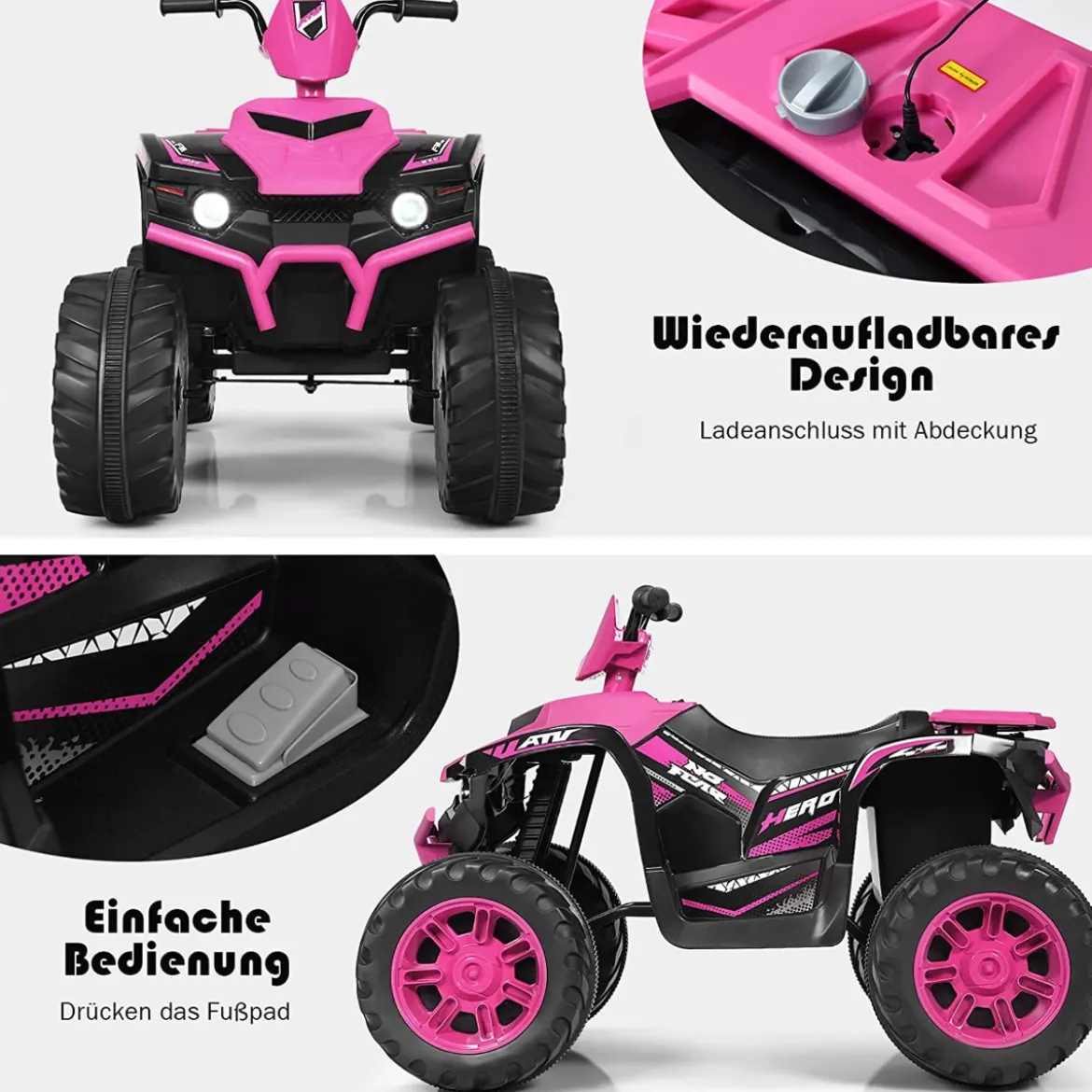 12V Elektro Kinderquad mit Scheinwerfer Mini Elektroquad mit Musik & Hupe Rosa