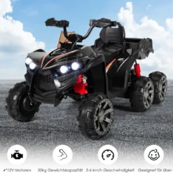 12V Elektro Kinderquad mit Stauraum & LED-Lichtern Mini Elektroquad 3-6 km/h Schwarz