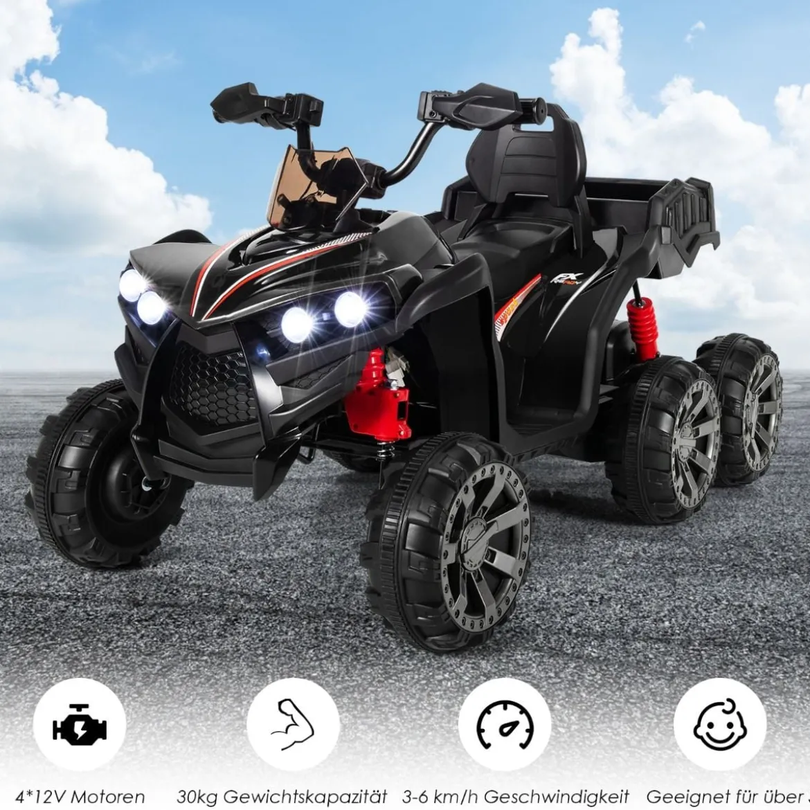 12V Elektro Kinderquad mit Stauraum & LED-Lichtern Mini Elektroquad 3-6 km/h Schwarz