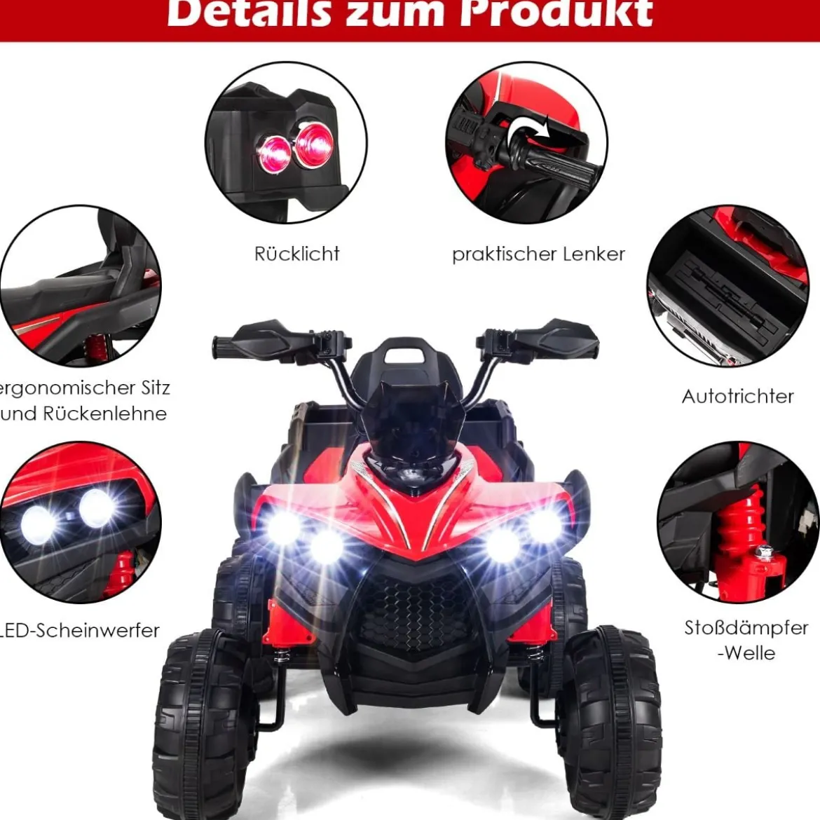 12V Elektro Kinderquad mit Stauraum & LED-Lichtern Mini Elektroquad 3-6 km/h Rot