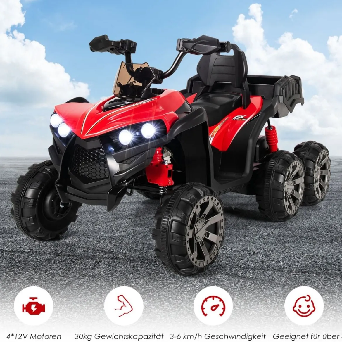 12V Elektro Kinderquad mit Stauraum & LED-Lichtern Mini Elektroquad 3-6 km/h Rot