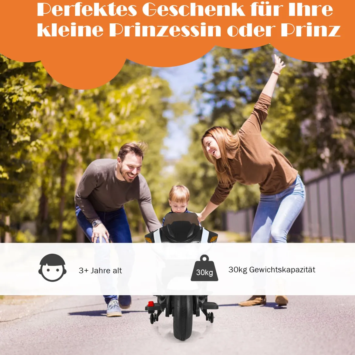 12V Elektro Motorrad Kindermotorrad mit Stützrädern Elektromotorrad Weiß
