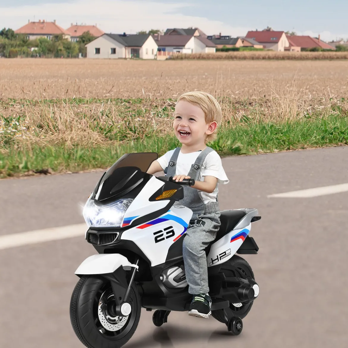 12V Elektro Motorrad Kindermotorrad mit Stützrädern Elektromotorrad Weiß