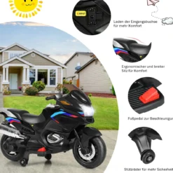 12V Elektro Motorrad Kindermotorrad mit Stützrädern Elektromotorrad Schwarz