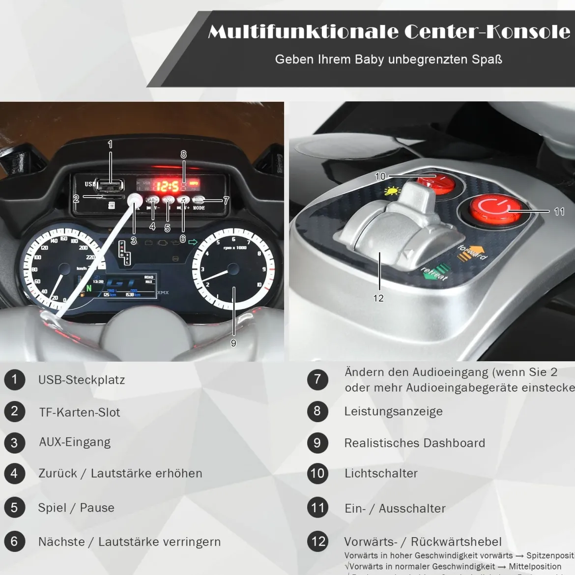 12V Elektro Motorrad Kindermotorrad mit Stützrädern Elektromotorrad Schwarz