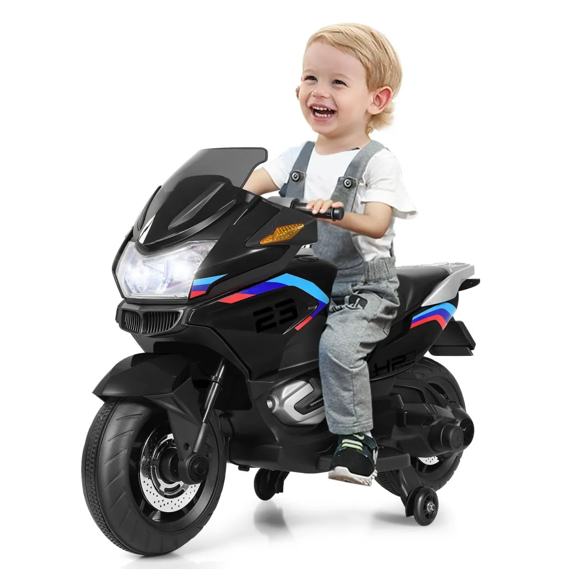 12V Elektro Motorrad Kindermotorrad mit Stützrädern Elektromotorrad Schwarz