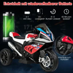 6V Elektro Motorrad mit Musik und Scheinwerfer 3-Rad-Motorrad 82,5 x 42 x 54 cm Rot