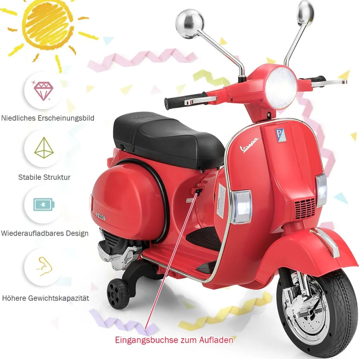 6V Elektro Motorrad mit 2 Stützrädern und Schlüssel & Lichter und Musik für Kinder ab 3 Jahren Rot
