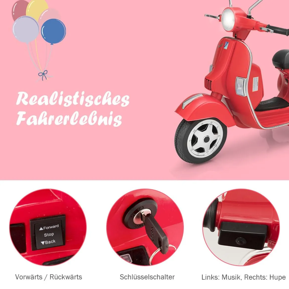 6V Elektro Motorrad mit 2 Stützrädern und Schlüssel & Lichter und Musik für Kinder ab 3 Jahren Rot