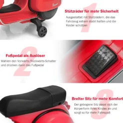 6V Elektro Motorrad mit 2 Stützrädern und Schlüssel & Lichter und Musik für Kinder ab 3 Jahren Rot