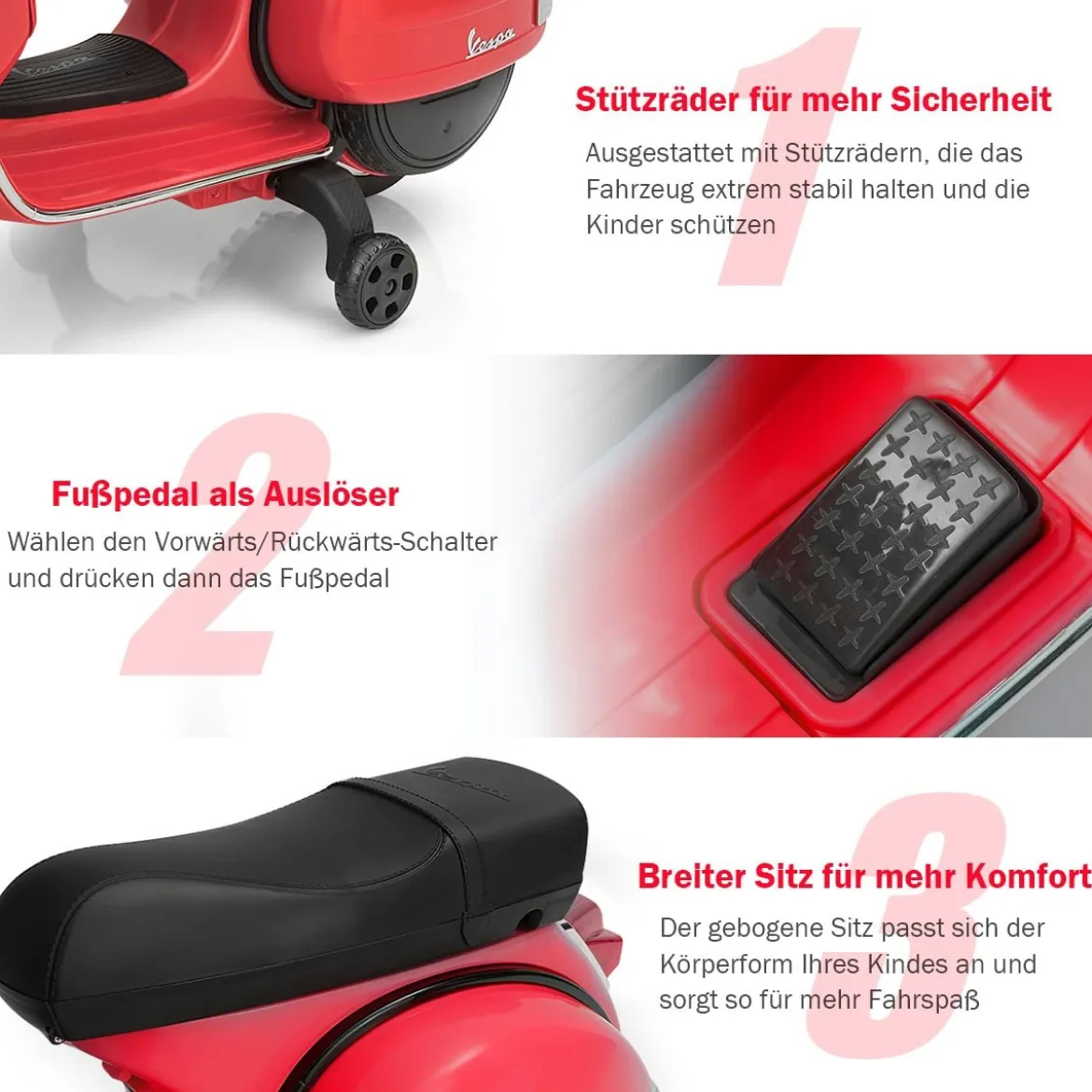 6V Elektro Motorrad mit 2 Stützrädern und Schlüssel & Lichter und Musik für Kinder ab 3 Jahren Rot