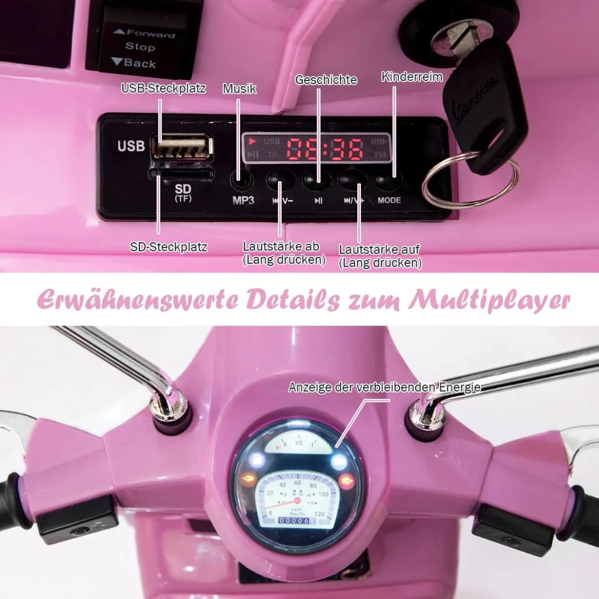6V Elektro Motorrad mit 2 Stützrädern und Schlüssel & Lichter und Musik für Kinder ab 3 Jahren Rosa
