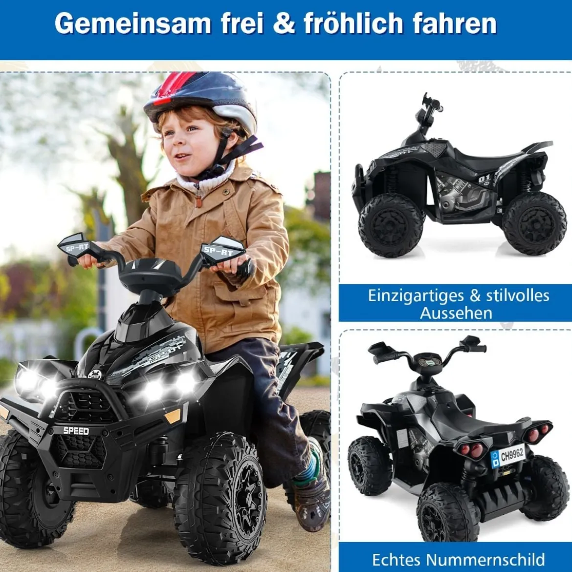 12V Elektroquad mit Musik Hupe & LED Scheinwerfer Elektro Kinderquad Schwarz