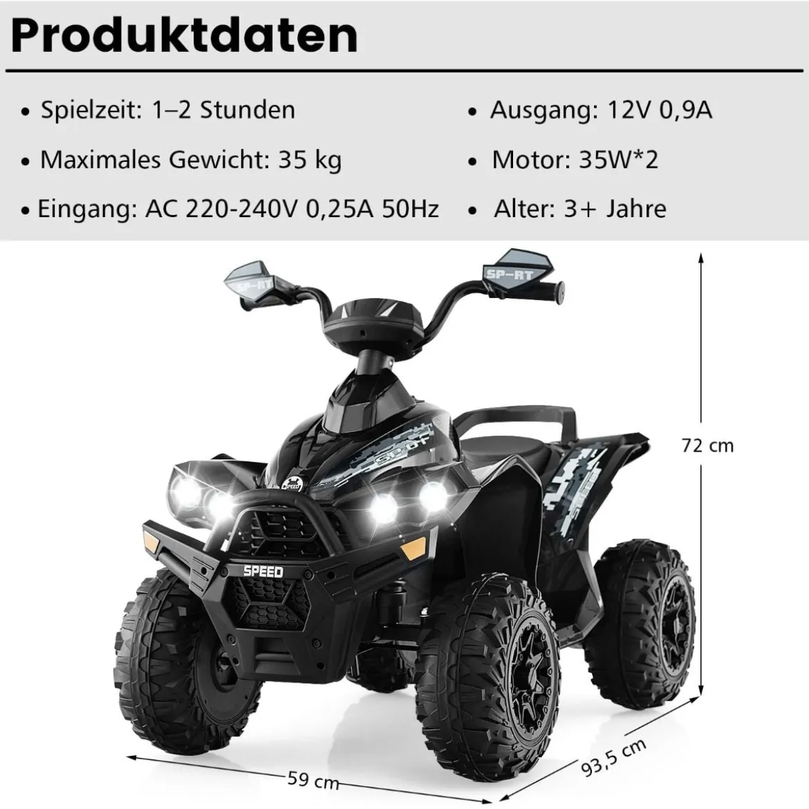 12V Elektroquad mit Musik Hupe & LED Scheinwerfer Elektro Kinderquad Schwarz