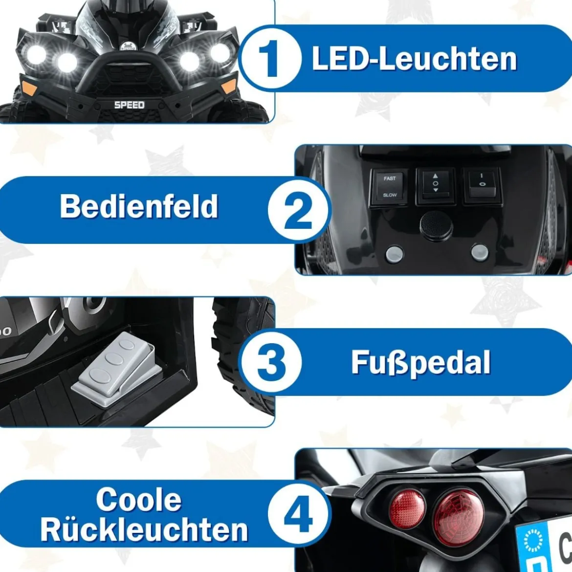 12V Elektroquad mit Musik Hupe & LED Scheinwerfer Elektro Kinderquad Schwarz