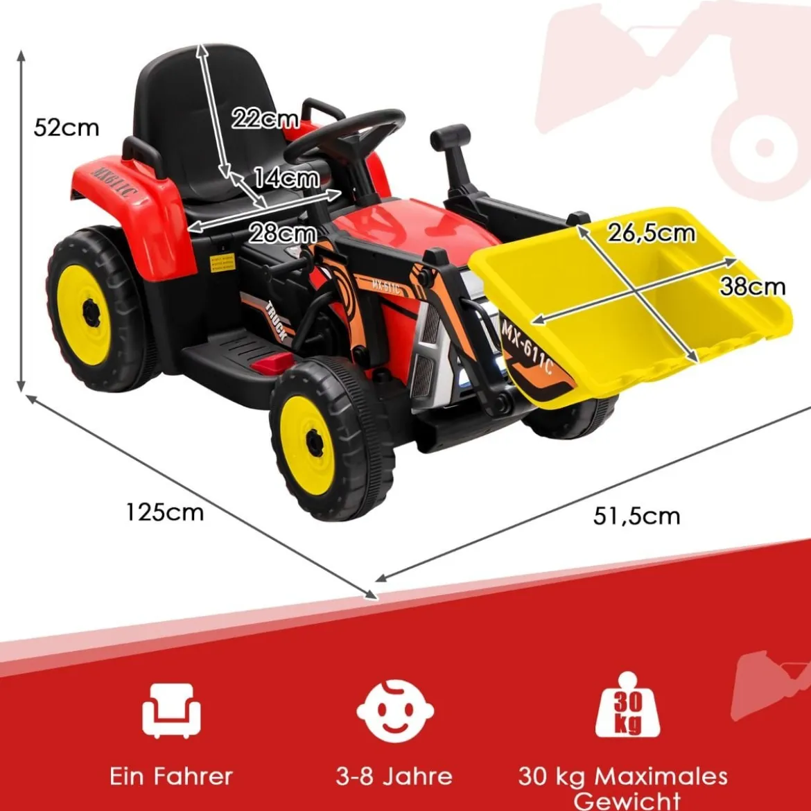 12V Elektro Sitzbagger mit Verstellbarer Schaufel & Musik und Scheinwerfer Rot
