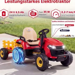24V Elektro Traktor mit Anhänger & 2,4G Fernbedienung & Hupe Kindertraktor Elektrotraktor Rot