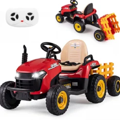 24V Elektro Traktor mit Anhänger & 2,4G Fernbedienung & Hupe Kindertraktor Elektrotraktor Rot