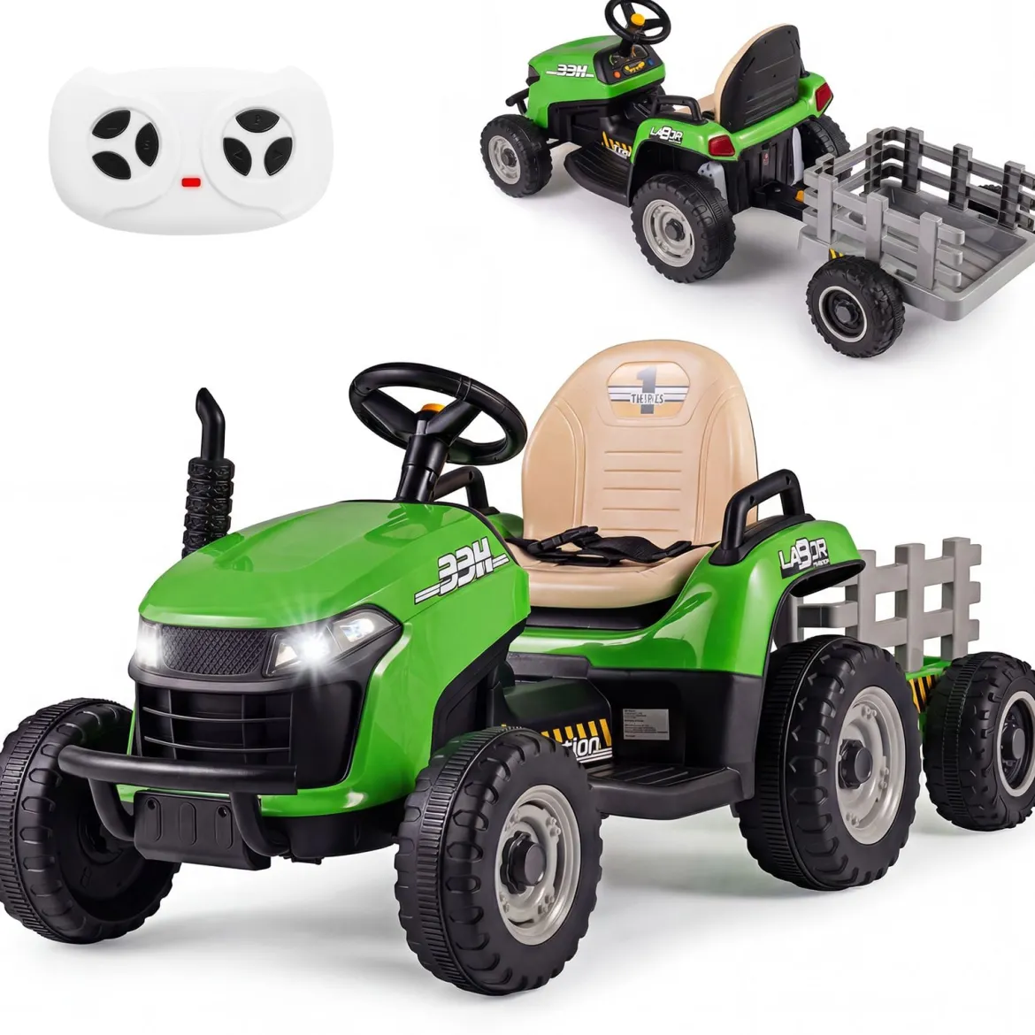 24V Elektro Traktor mit Anhänger & 2,4G Fernbedienung & Hupe Kindertraktor Elektrotraktor Grün