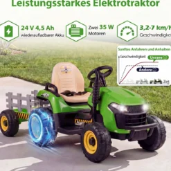 24V Elektro Traktor mit Anhänger & 2,4G Fernbedienung & Hupe Kindertraktor Elektrotraktor Grün