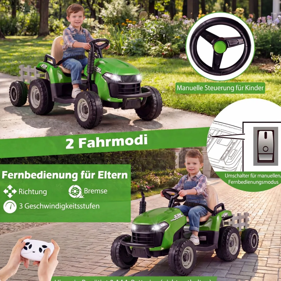 24V Elektro Traktor mit Anhänger & 2,4G Fernbedienung & Hupe Kindertraktor Elektrotraktor Grün