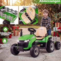 24V Elektro Traktor mit Anhänger & 2,4G Fernbedienung & Hupe Kindertraktor Elektrotraktor Grün