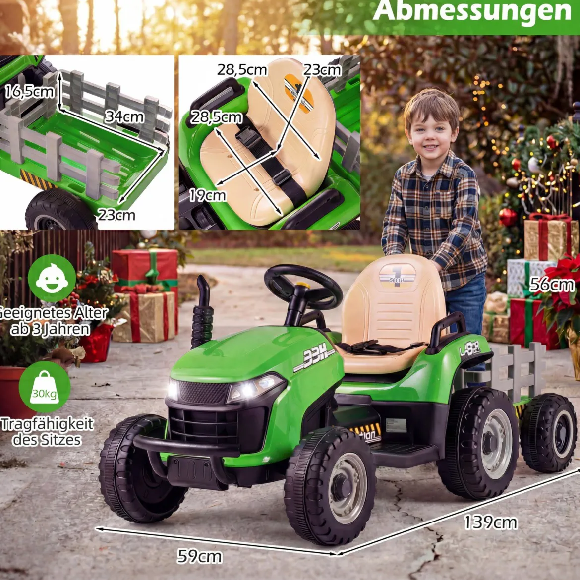 24V Elektro Traktor mit Anhänger & 2,4G Fernbedienung & Hupe Kindertraktor Elektrotraktor Grün