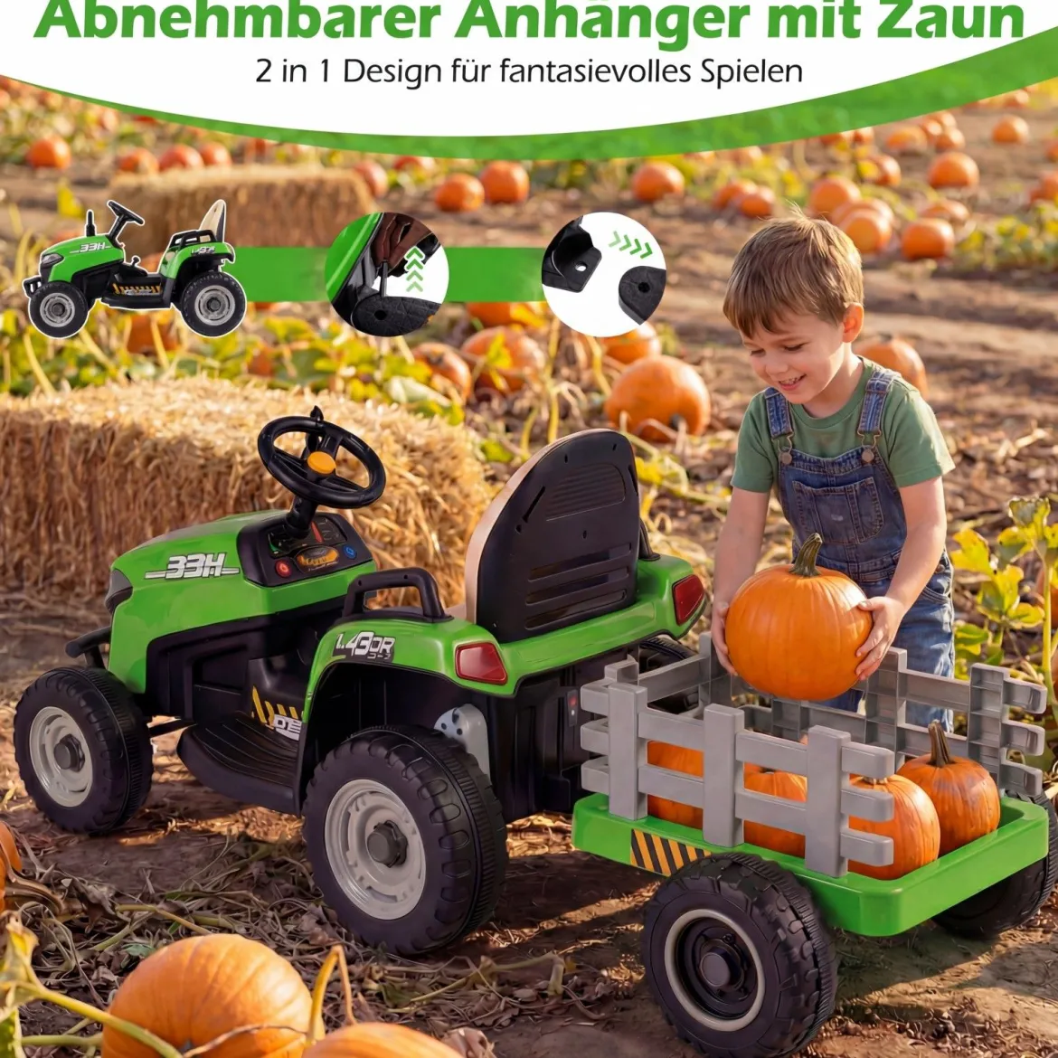 24V Elektro Traktor mit Anhänger & 2,4G Fernbedienung & Hupe Kindertraktor Elektrotraktor Grün