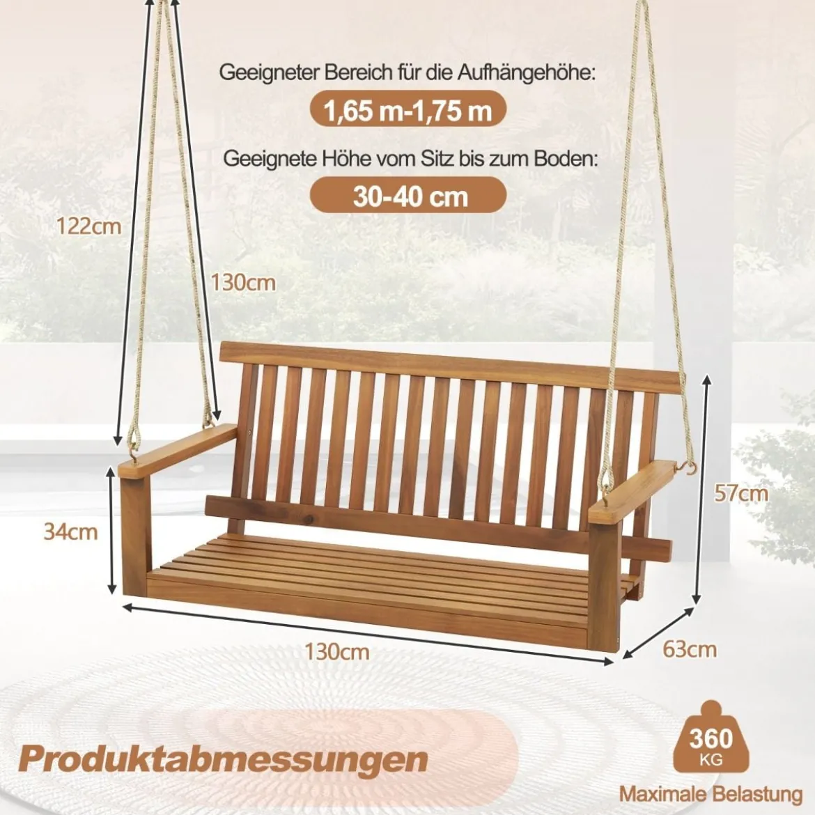 Verandaschaukel für 2 Personen mit 2 Seilen zum Aufhängen Belastbar bis 360 kg Hängebank