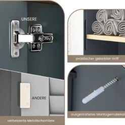 Verspiegelter Medizinschrank Badezimmerschrank mit Einzelner Spiegeltür 60 x 20 x 52 cm Grau