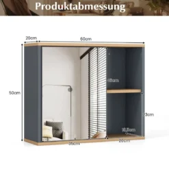 Verspiegelter Medizinschrank Badezimmerschrank mit Einzelner Spiegeltür 60 x 20 x 52 cm Grau