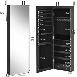 Verspiegelter Schmuckschrank Abschließbar Wand- / Türmontage 36 x 10 x 108 cm Schwarz